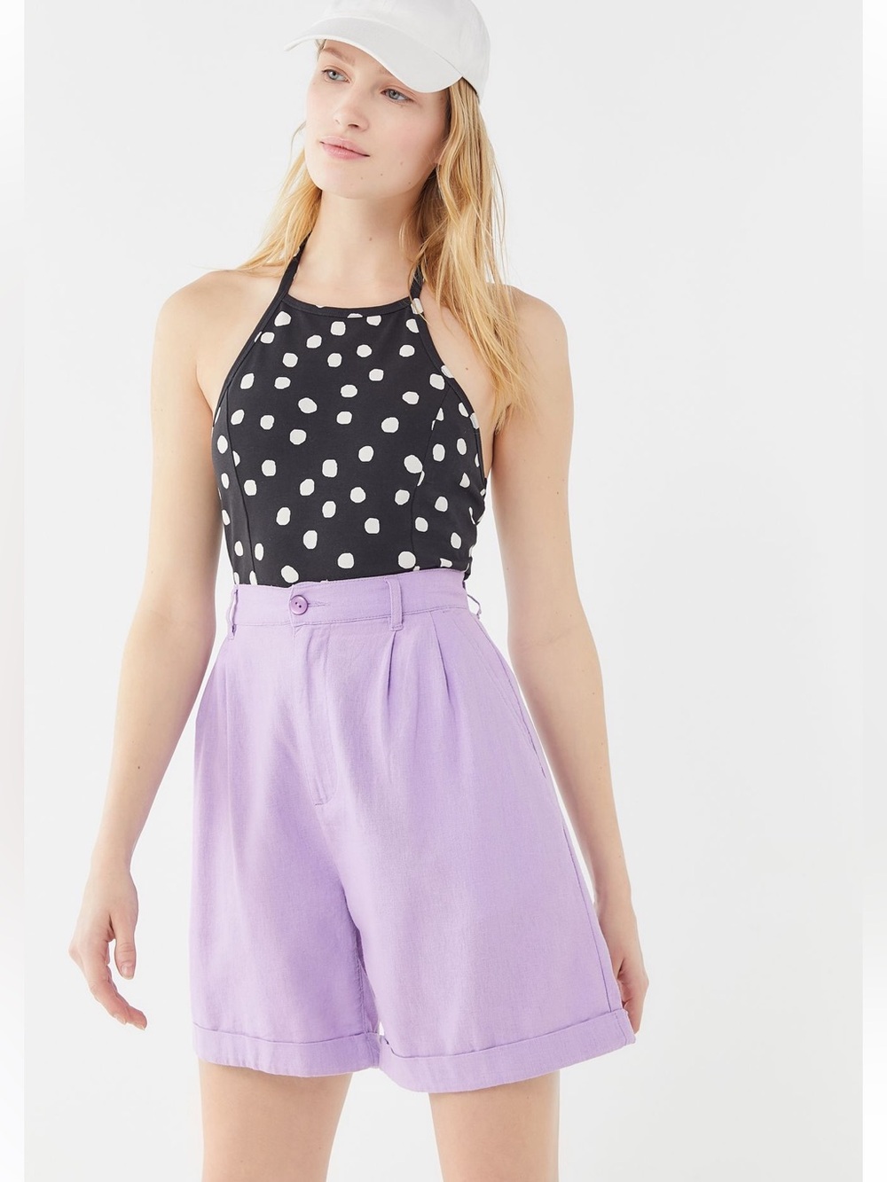 URBAN OUTFITTERS Carlton Linen Blend High Waist Longline Trouser Shorts Purple 4